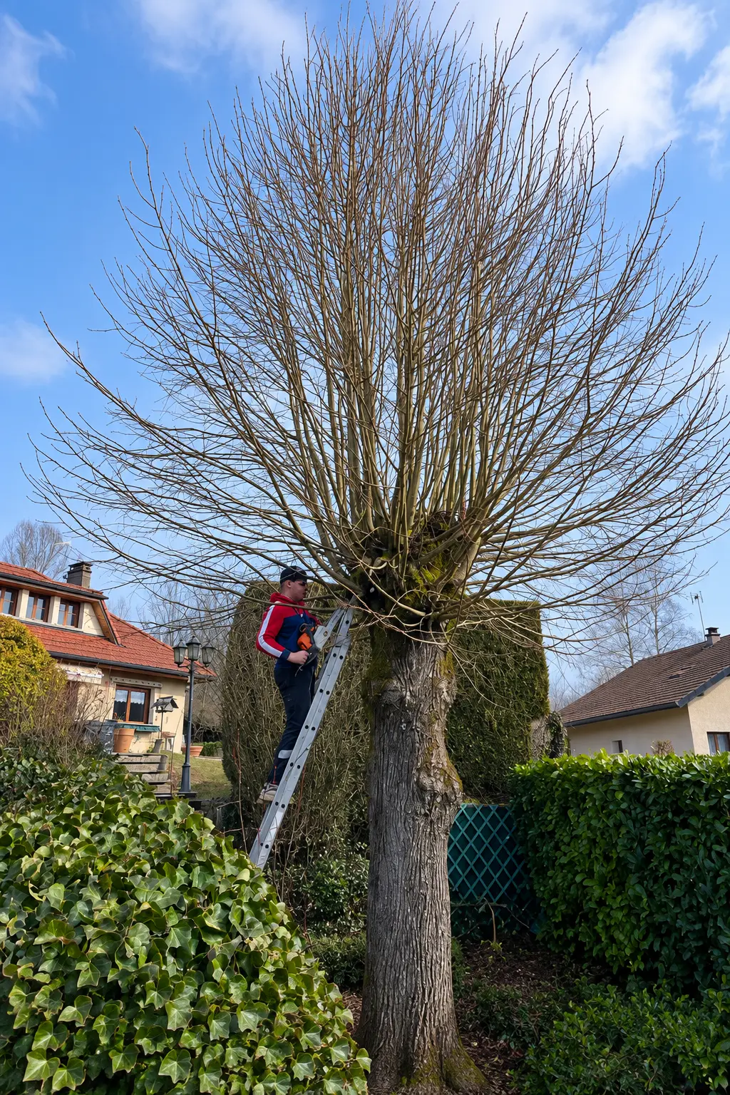 Ouvrier taillant un arbre têtard depuis une échelle en Haute-Savoie