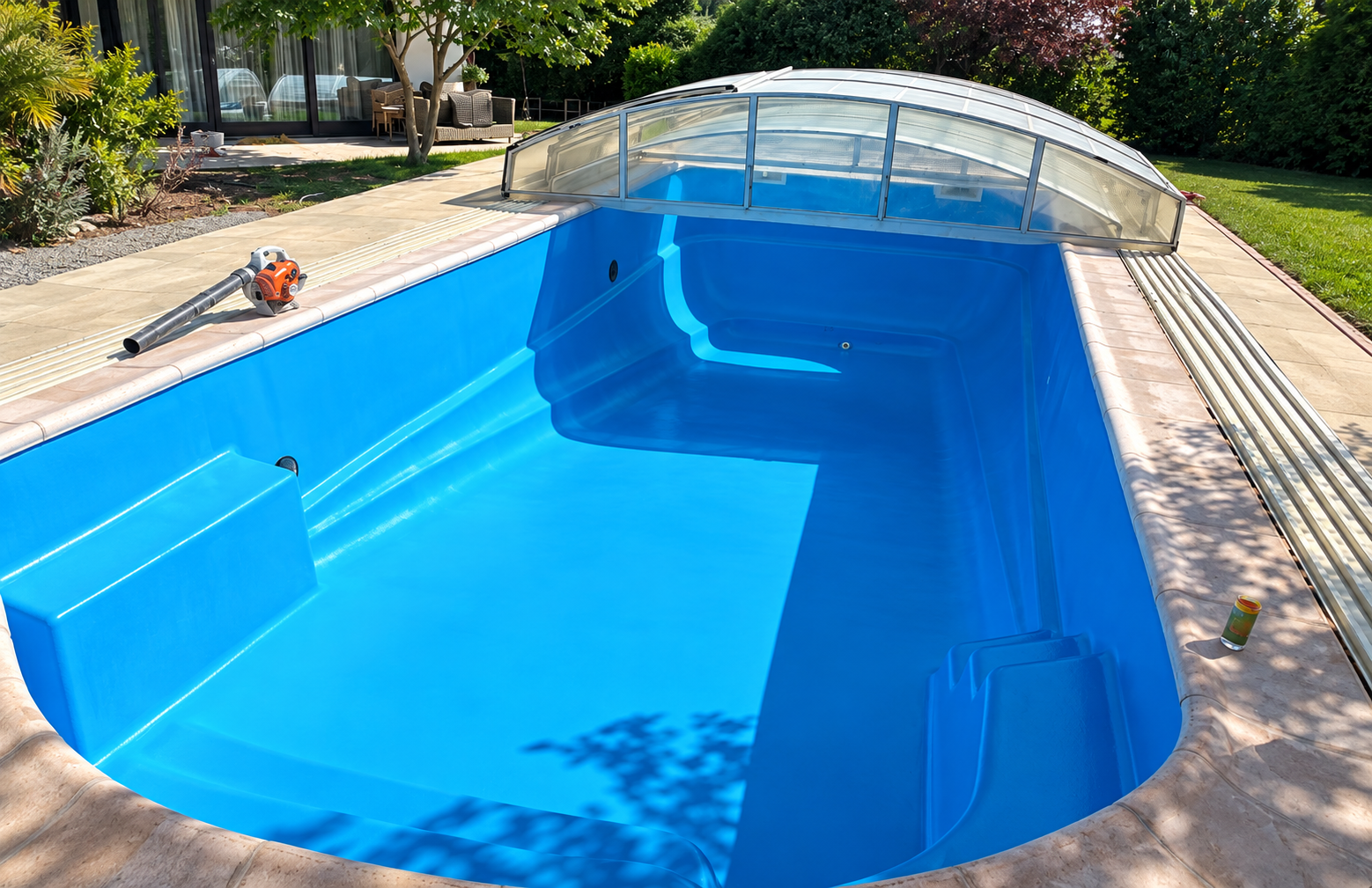 Coque de piscine poncée et repeinte en bleu