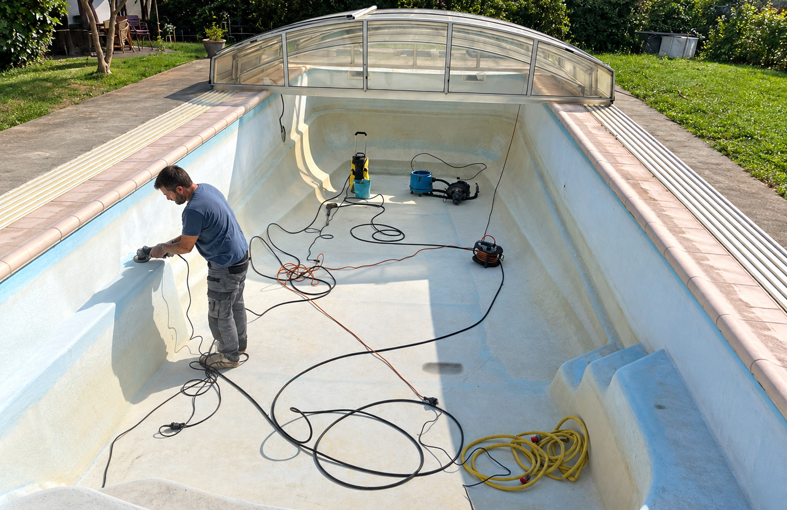 Ponçage de la coque d'une piscine avant mise en peinture